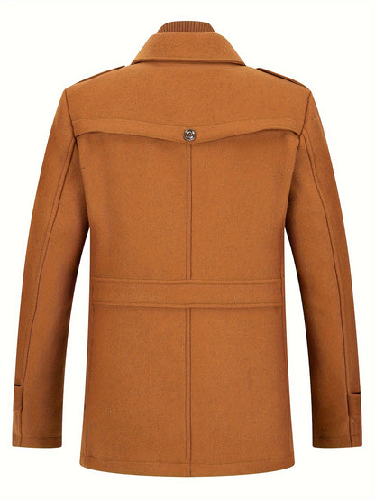 Men's Stand Collar Fleece Blend Pea Coats with Removable Inner Collar Single Breasted Overcoat