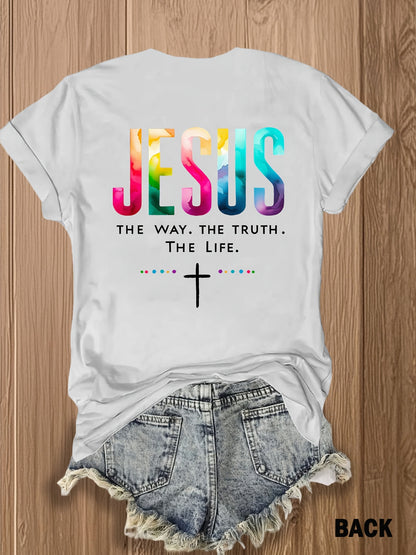 [Front and Back Image] Double-Sided Printed Women's T-Shirt- Jesus: The Way, the Truth, the Life- Colorful Inspirational Christian Women's T-Shirt| Faith Clothing| Suitable for Church Services and Religious Activities| Fashion Religious T-shi