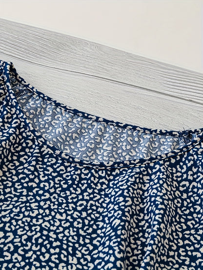 Plus Size Women's Boho Leopard Print Ruffle Sleeve Blouse - Asymmetrical Summer Top with Round Neck, Machine Washable Casual Vacation Shirt for Beach Outings & Warm Weather, Relaxed Setting Apparel, Nontransparent Fabric
