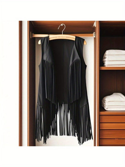 Women' Faux Suede Fringe Vest with Tassels - Western Cowgirl Jacket, Soft Flip-Collar Sleeveless Waistcoat Coat for All-Season Wear, Casual Outfits & Themed Events (Medieval Renaissance Fair) - Solid Color Plain Matching Outerwear