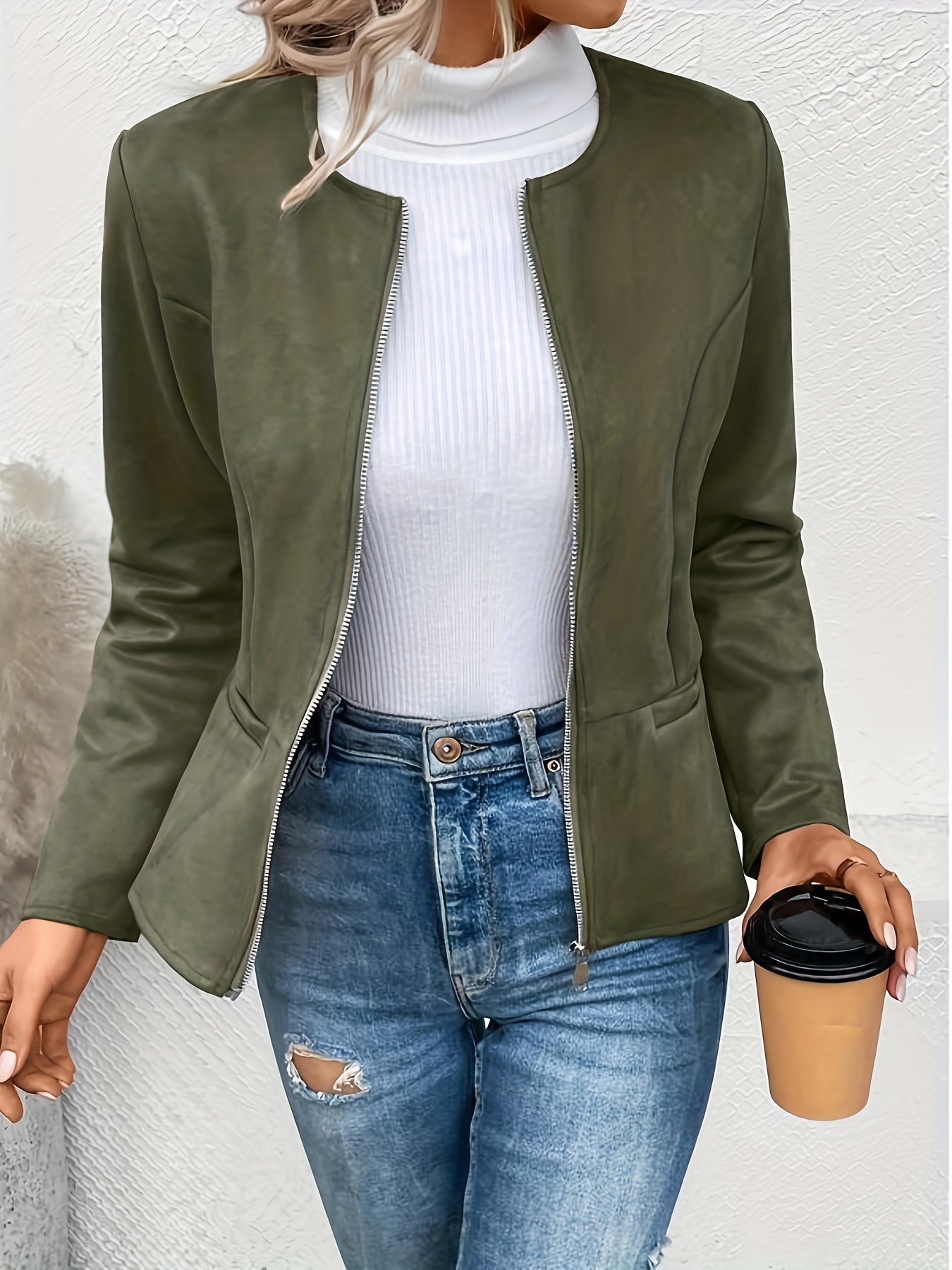 Today's Special! Women's Zip Up Casual Jacket - Slim Fit, Round Neck, Long Sleeve Coat, Trendy, Versatile for All Seasons, Multiple Colors (Black Friday Preview)