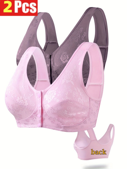 2-Pack Valentine'S Day Special Women'S Sexy Floral Lace Front Closure Bras - No Padding Thin Support Wire-Free Comfort Bras for Casual Attire, Black & Pink, Hand Wash Solely