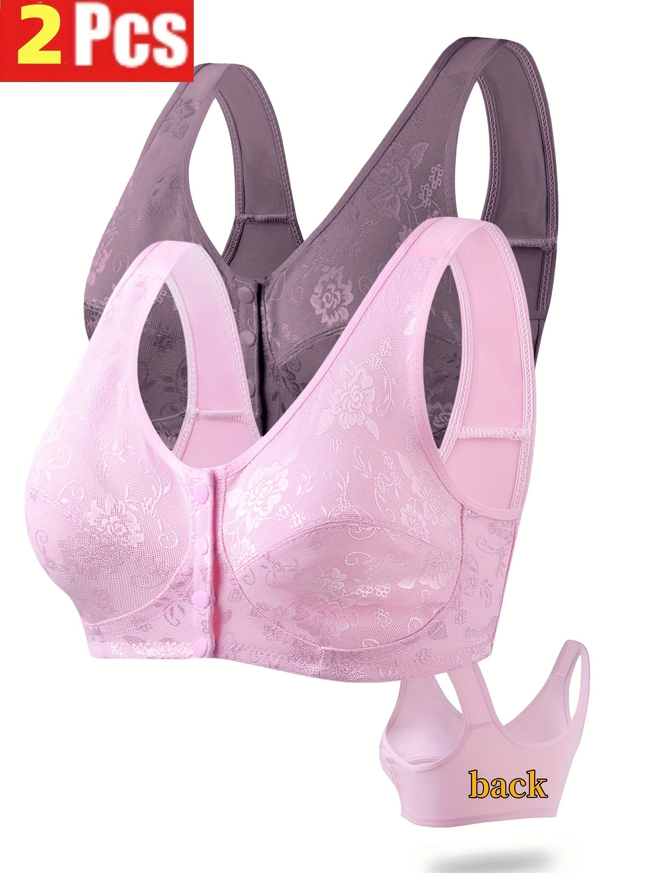 2-Pack Valentine'S Day Special Women'S Sexy Floral Lace Front Closure Bras - No Padding Thin Support Wire-Free Comfort Bras for Casual Attire, Black & Pink, Hand Wash Solely