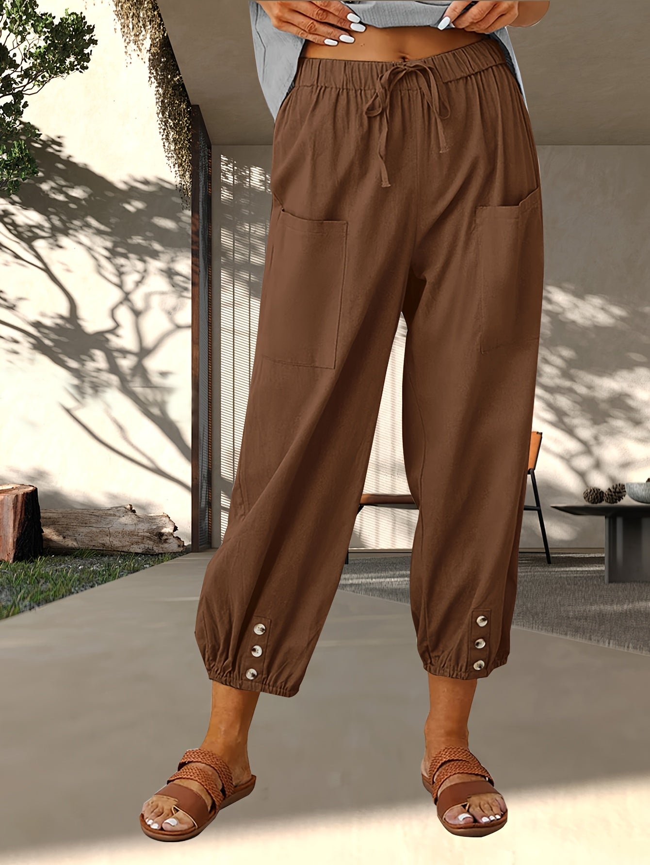 3-Pack Women'S Loose Casual Pants, Solid Color Linen Blend Wide-Leg Trousers With Pockets, For Daily Commute & Casual Wear