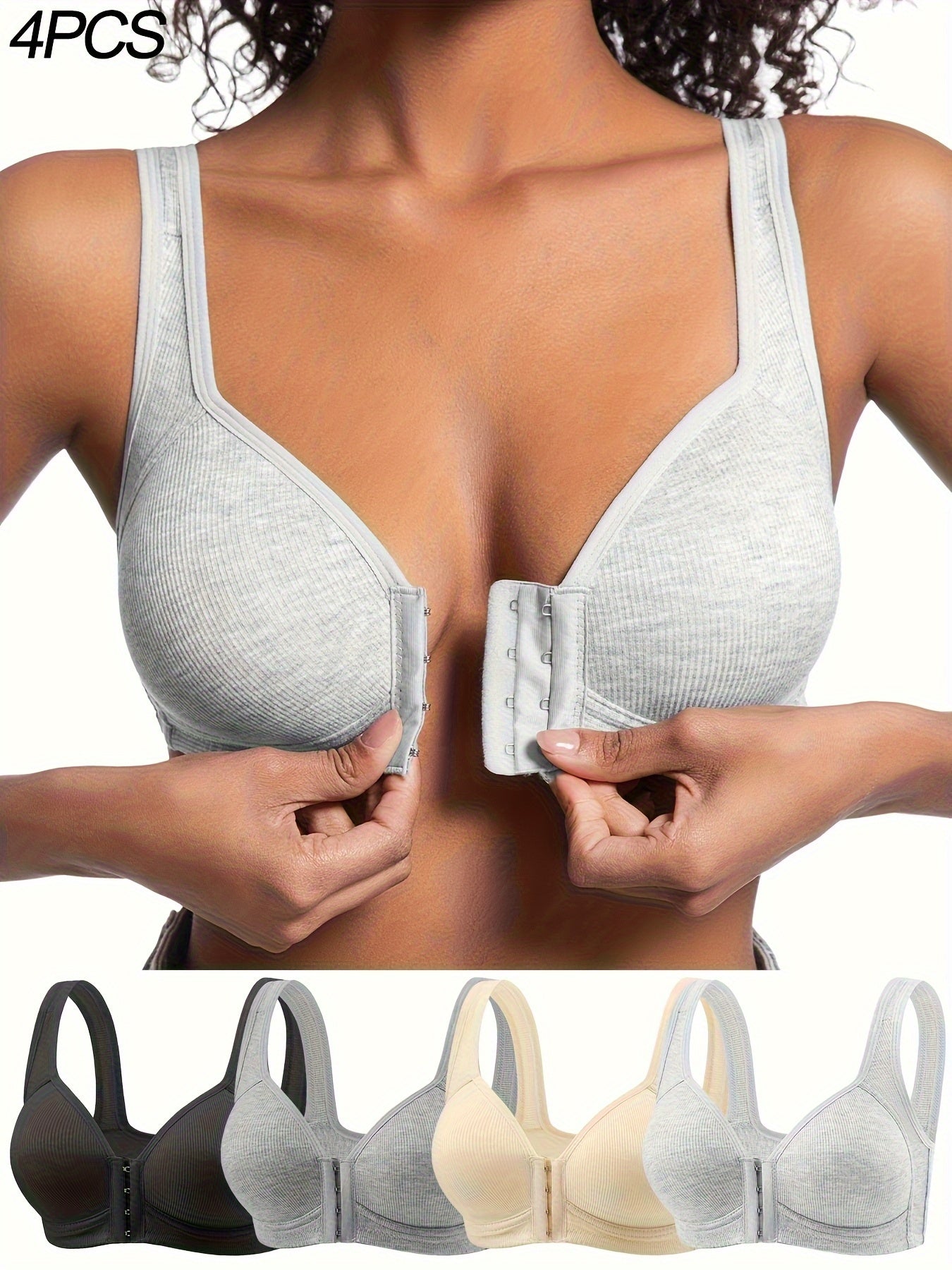4pcs Women'S Elegant Fully Covered Underwire Bra, Front Buckle Design, Breathable Nylon, Seamless Design in Beige And Black, Comfortable And Fitted Casual Clothing
