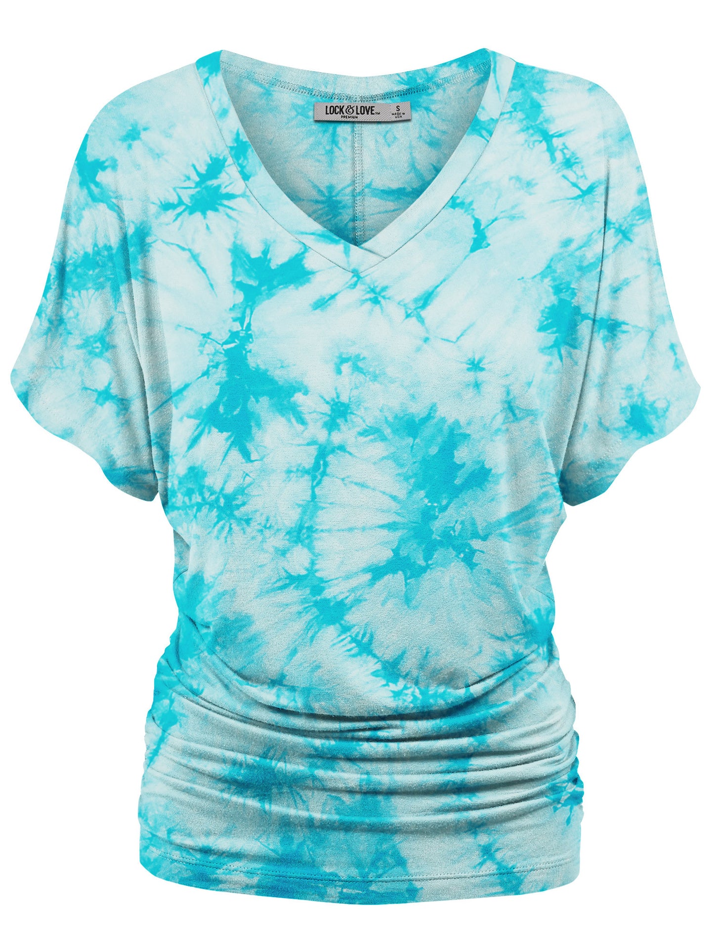 Women's Short Sleeve V Neck Tie-Dye Dolman Top w/Side Shirring