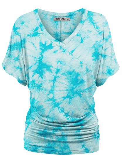 Women's Short Sleeve V Neck Tie-Dye Dolman Top w/Side Shirring