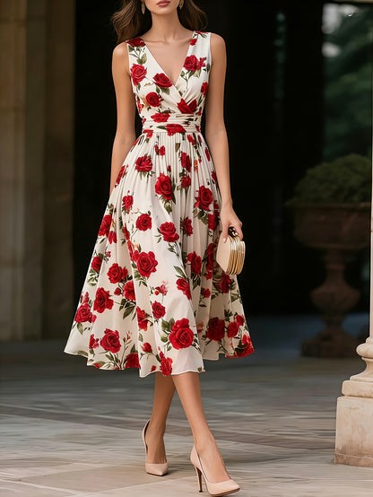 Beige Floral Chiffon V-Neck Sleeveless A-Line Midi Dress