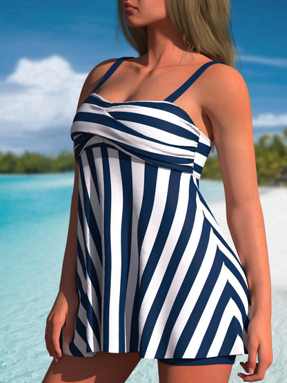 Striped Print 2 Piece Set Tankini, Ruched Skirted Boxer Short Bottom Swimsuits, Women's Swimwear & Clothing