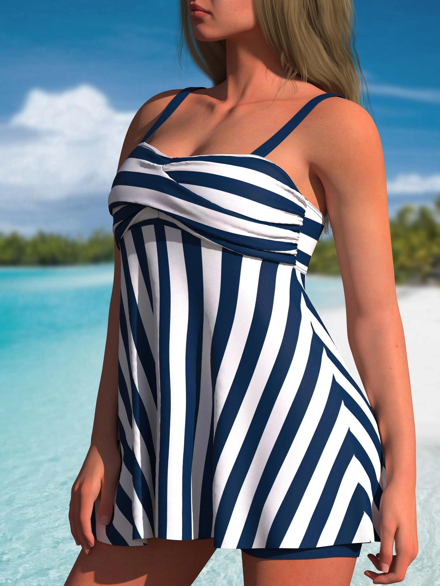 Striped Print 2 Piece Set Tankini, Ruched Skirted Boxer Short Bottom Swimsuits, Women's Swimwear & Clothing