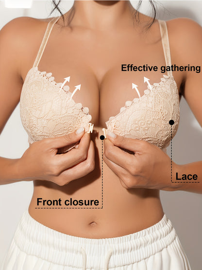 Sexy Lace Front-closure Bra For Women, Featuring Thin Cups, Comfortable And Breathable Design, And Soft, Skin-friendly Fabric. Easy To Put On And Take Off, Stylish And Fashionable. Suitable For Everyday Wear And Commuting.