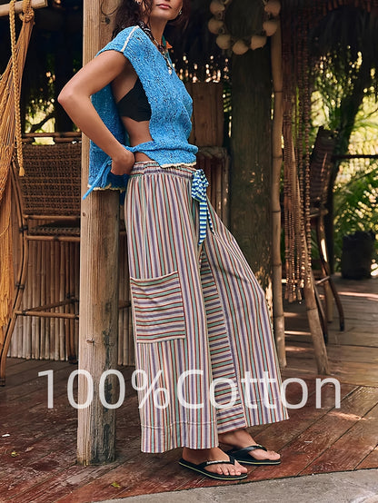 Women's Wide Leg Pants with Elastic Waist & Striped Drawstring - Striped Horizontal Stripes Trousers Suitable for Spring/Summer, Casual Lounge Pants with Side Pockets, Machine Washable Wide-Leg Trousers for Warm Weather