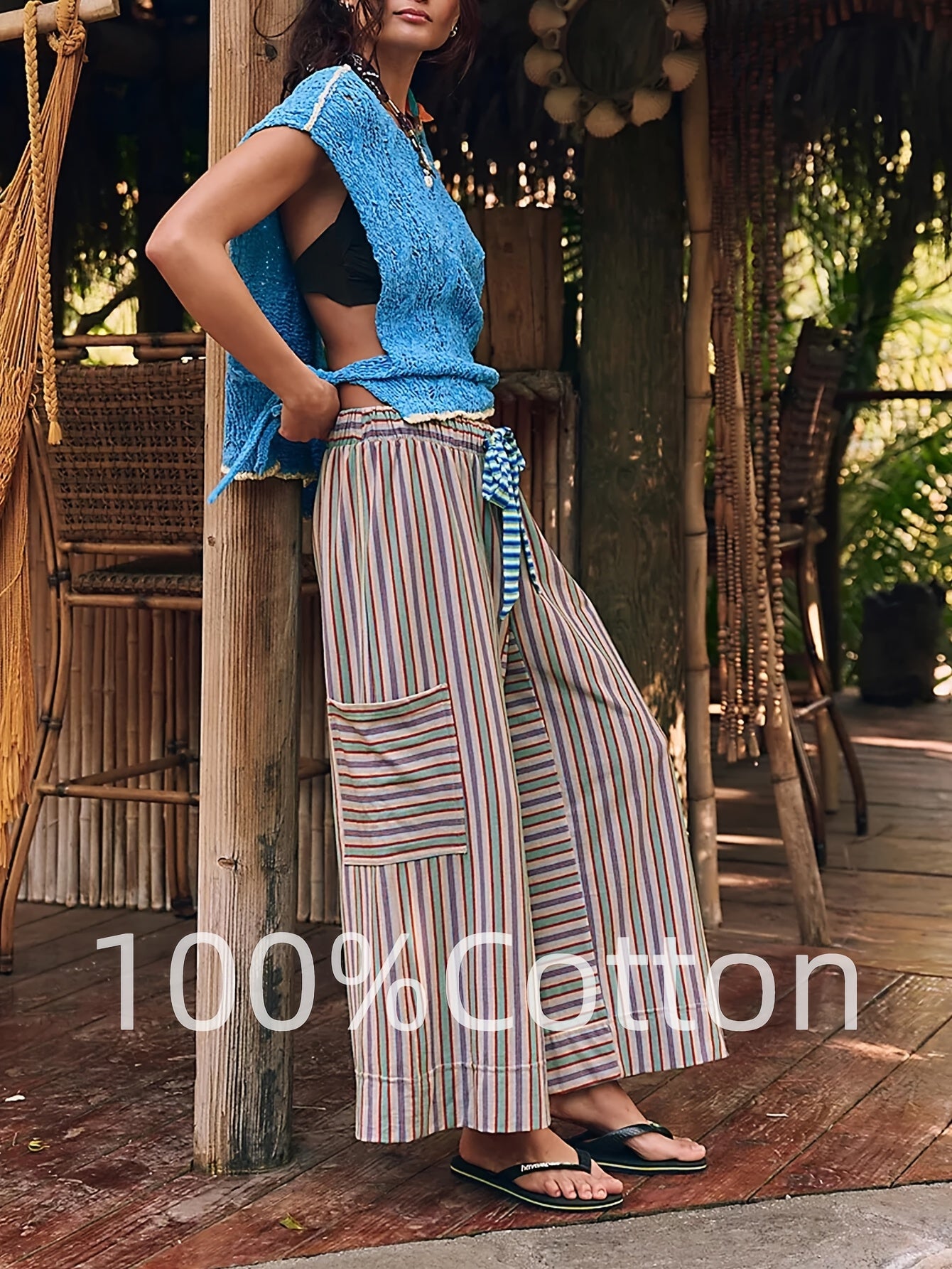 Women's Wide Leg Pants with Elastic Waist & Striped Drawstring - Striped Horizontal Stripes Trousers Suitable for Spring/Summer, Casual Lounge Pants with Side Pockets, Machine Washable Wide-Leg Trousers for Warm Weather