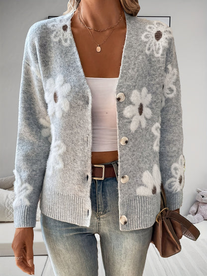 Floral Print Button-Front Cardigan, Long Sleeve V-Neck Knitted Top for Women, Spring & Fall Casual Wear
