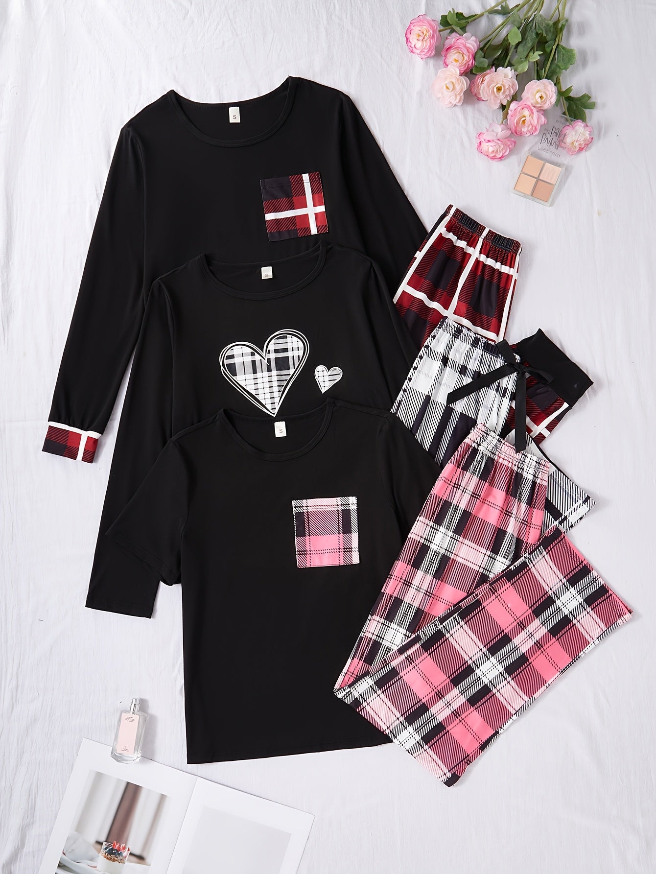 A Six-Piece Set of New Casual Home Wear for Women with Heart-Shaped Printed Pockets, Long-Sleeved And Short-Sleeved Tops, Checked Trousers And Pajama Sets