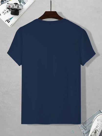 Men's Plus Size Navy Blue T-Shirt - Short Sleeve Breathable Summer Shirt with Slogan & Graphic Print, Round Neck Casual Versatile Blouse Style Suitable for Casual Attire, Machine Washable, Fashionable Wardrobe Essential, PLUS SIZE