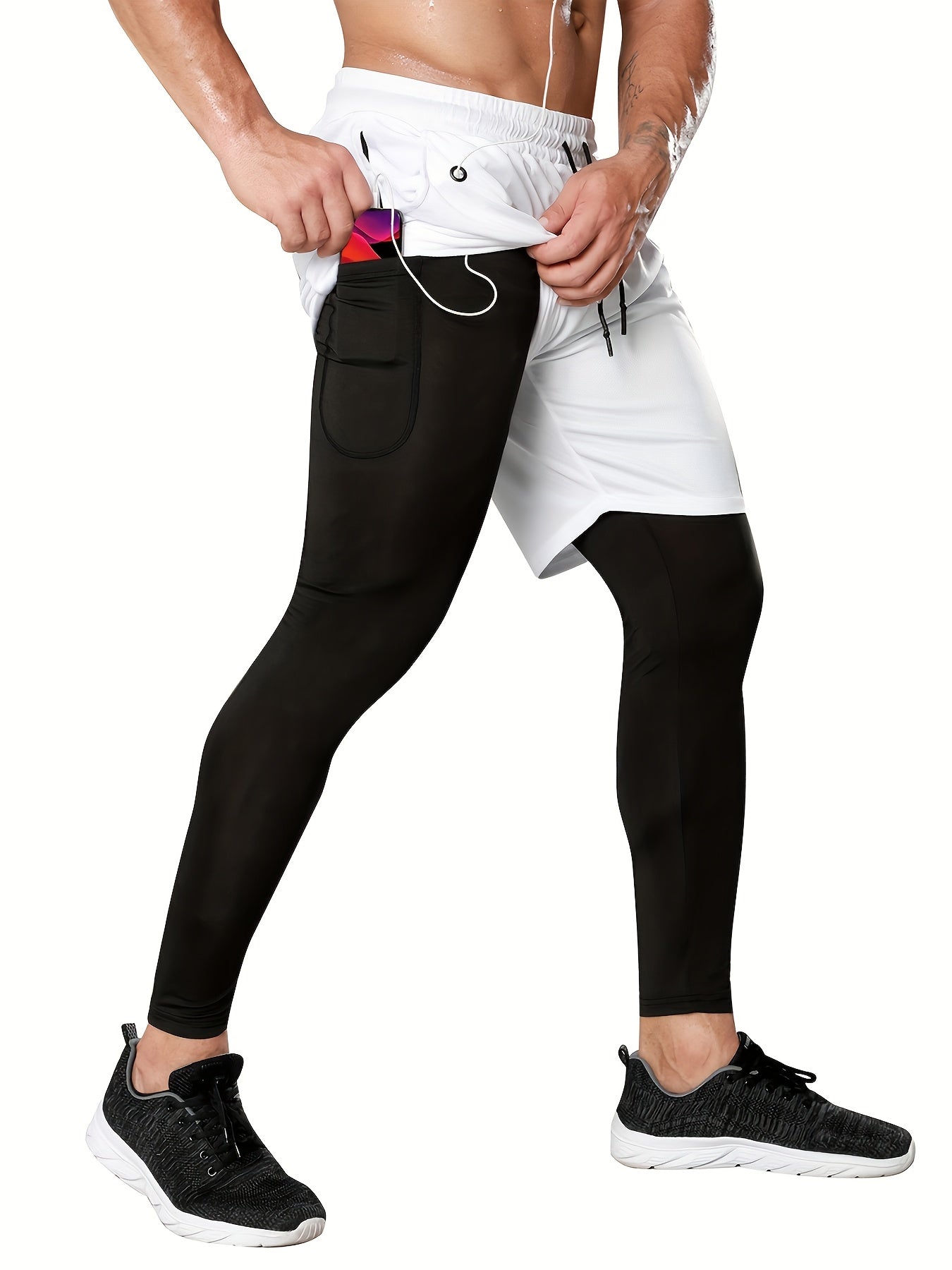 Compression Pants Men 2 in 1 Running Pants Workout Pants for Men Gym Tights with Towel Loop