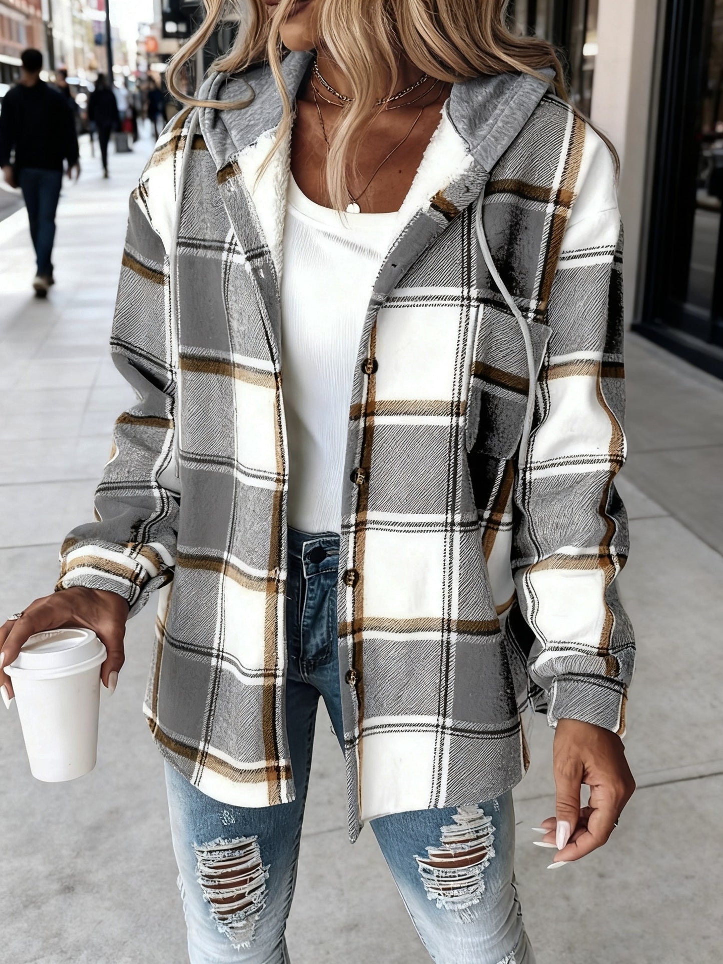Plaid Hooded Jacket for Women Featuring a Lining, Perfect for Chilly Fall And Winter Days. It Has an Adjustable Hood And a Button-Front Closure, And Is Machine Washable. Available in Brown, Beige, White, And Black
