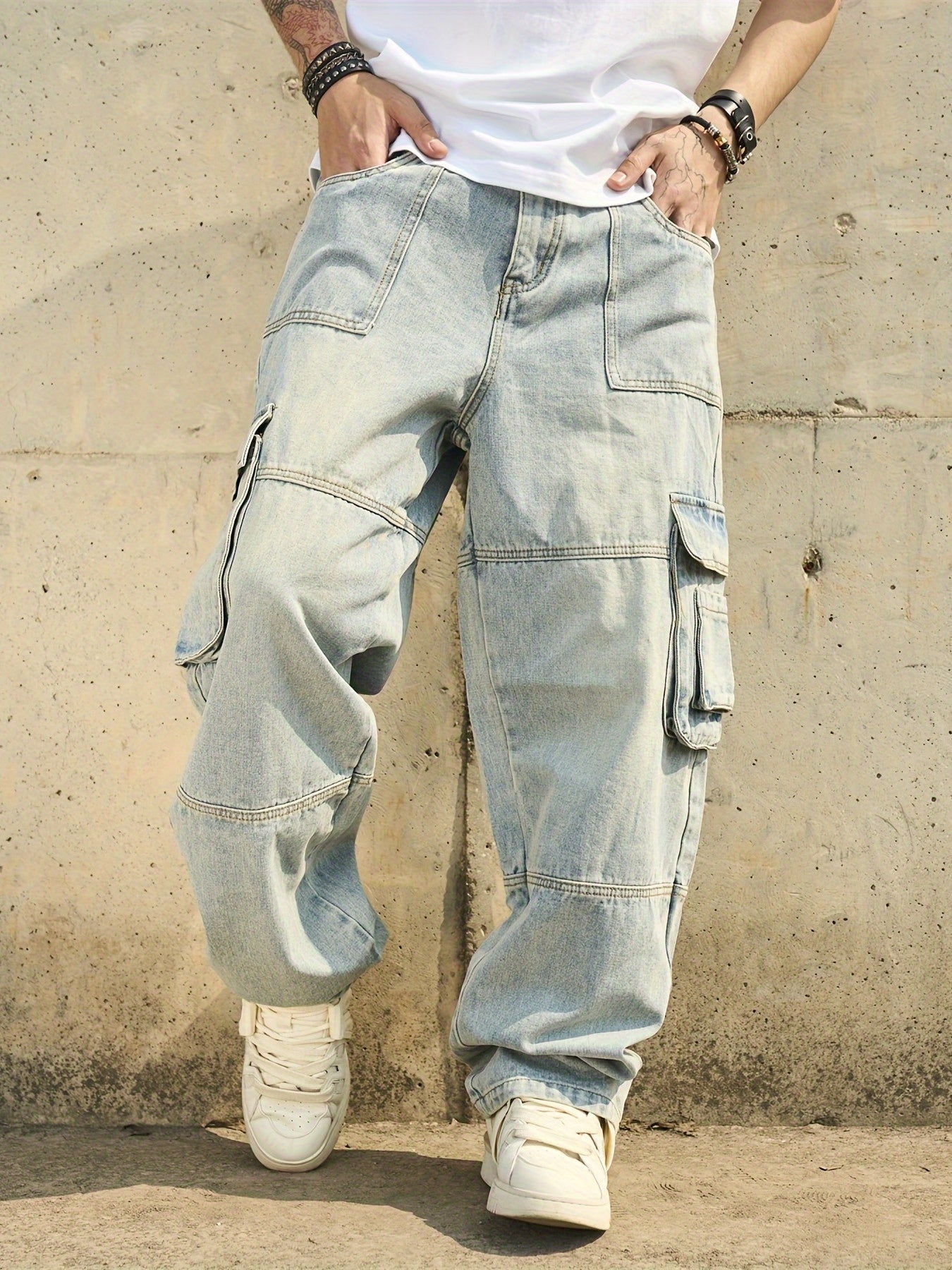 American Retro Washed Distressed Multi Pocket Workwear Youth Jeans Men'S Loose Wide Leg Floor Length Pants Trendy