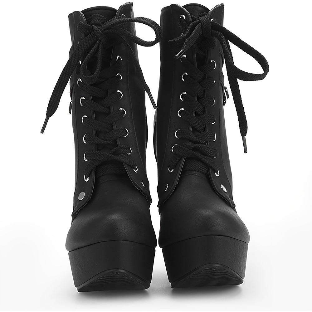 High Heel Boots for Women, Womens Platform Boot Heels Sexy Round Toe Lace UP High Heels Mid Calf Boots, Women Shoes