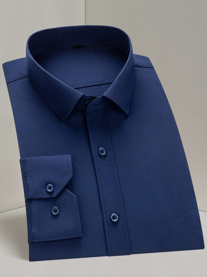 Men'S Long Sleeve Solid Color Business Dress Shirt, Elegant Collar, Stretch Fabric, Regular Fit, Single Button Front, Casual Outwear, Adult Sizes, Woven