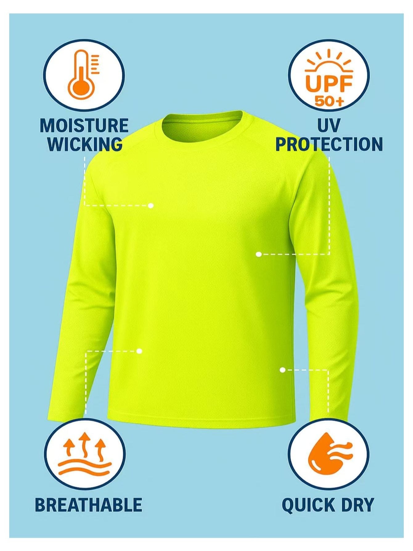 2-Pack High Visibility Long Sleeve Shirts, UPF50+ Quick Dry Breathable Safety Workwear Tops for Outdoor / Fishing / Sports