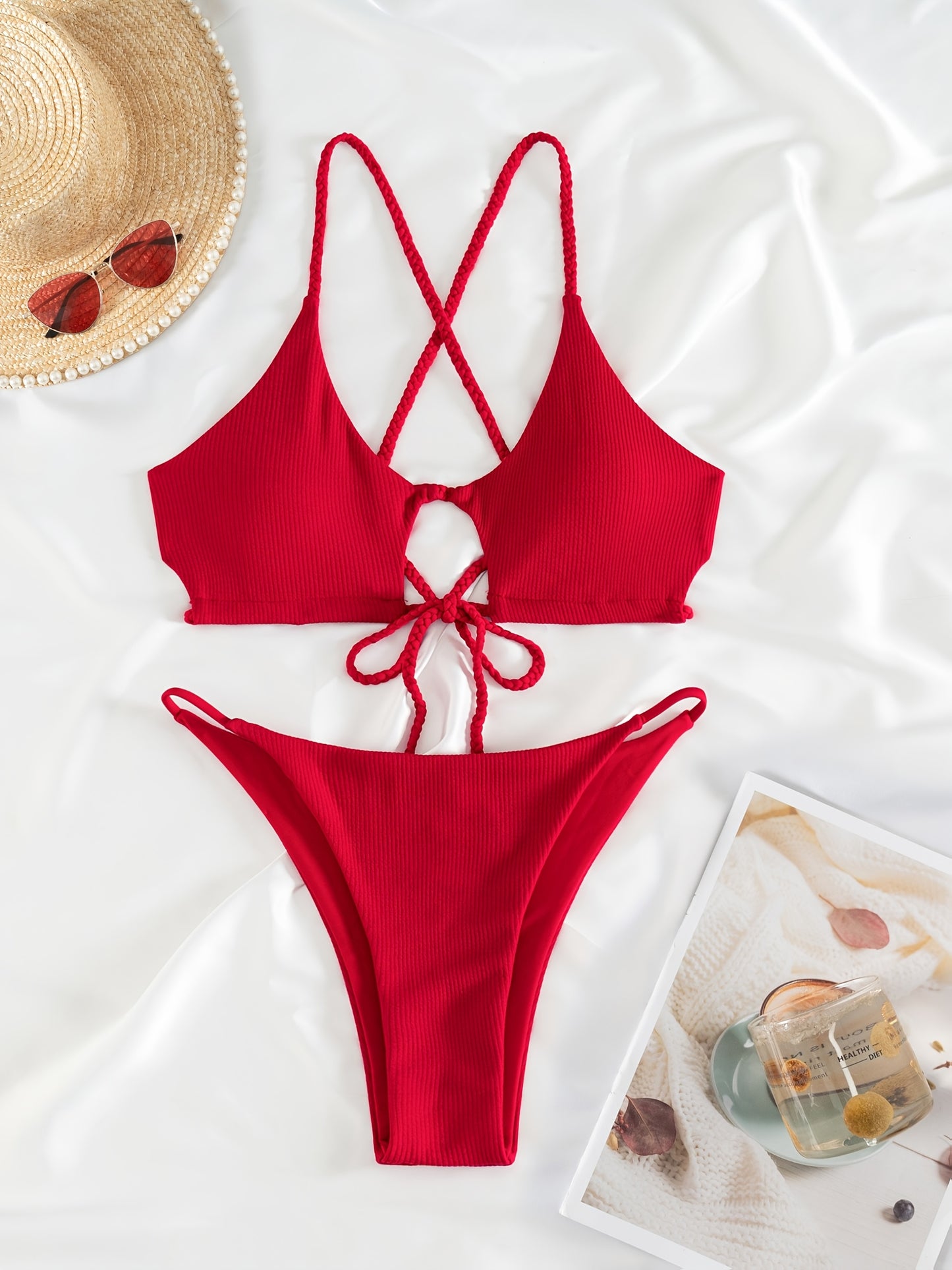 Sexy 2pcs Solid Color Bikini Set - Women'S Swimwear & Clothing - High Cut, Spaghetti Straps, Comfortable, Summer Must-Have, Beach Essentials