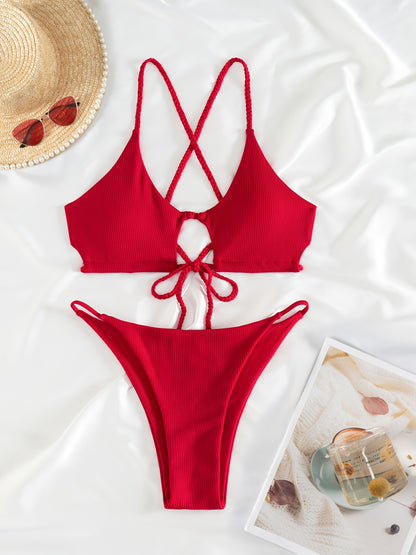 Sexy 2pcs Solid Color Bikini Set - Women'S Swimwear & Clothing - High Cut, Spaghetti Straps, Comfortable, Summer Must-Have, Beach Essentials