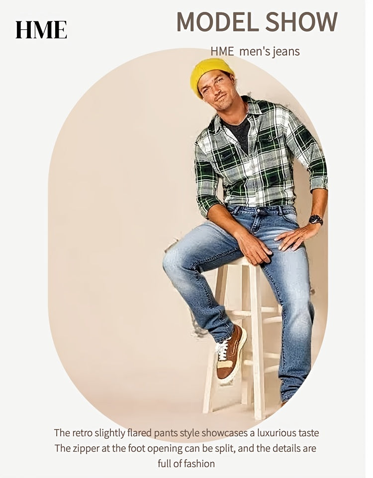 [HME] Men's Stretch Slim-fit Denim Trousers, Retro Washed Blue with Natural Whitening, Classic Five-pocket Style, Mid-waist Design with A Small Straight Leg, Simple And Versatile, Suitable for All Occasions, Essential Jeans for Daily Casual Wear