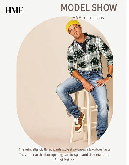[HME] Men's Stretch Slim-fit Denim Trousers, Retro Washed Blue with Natural Whitening, Classic Five-pocket Style, Mid-waist Design with A Small Straight Leg, Simple And Versatile, Suitable for All Occasions, Essential Jeans for Daily Casual Wear