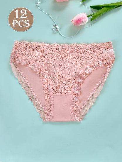 12pcs Multi-Color Women's Lace Trim Low-Rise Briefs, Elegant and Fashionable - Soft, Breathable, and Skin-Friendly, Simple and Stylish, Comfortable Underwear for Daily Wear