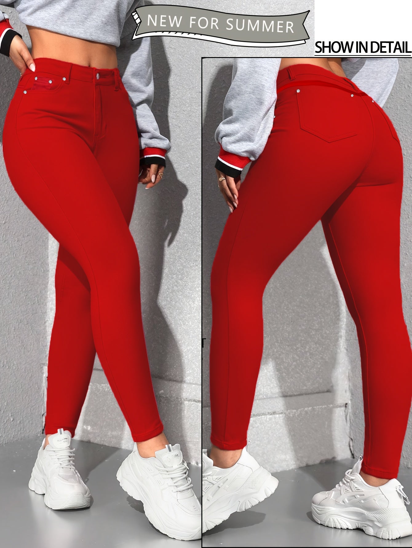 Womens Red High Waisted Skinny Jeans with Multiple Rivet Details High Elasticity Stretch Denim Pants Tummy Control Slim Fit Booty Lifting Design Soft Comfortable Machine Washable Summer New Arrival Casual Casual Attire Versatile Wardrobe Essential