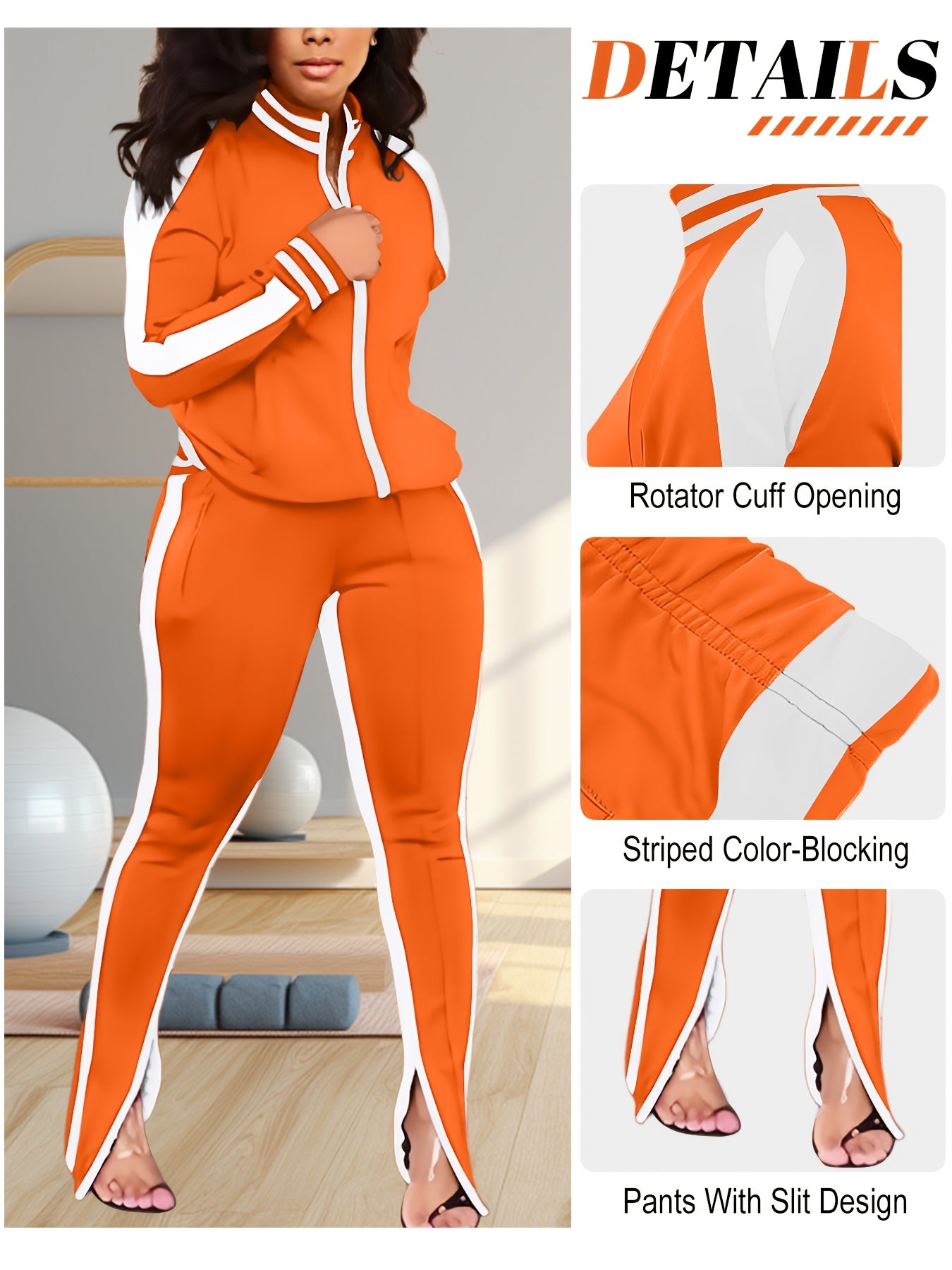 Women's 2pcs Athletic Tracksuit Set, Striped Contrast Shoulder Slit Top & Zipper Hem Sporty Pants, Activewear Lounge Set
