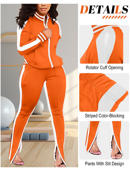 Women's 2pcs Athletic Tracksuit Set, Striped Contrast Shoulder Slit Top & Zipper Hem Sporty Pants, Activewear Lounge Set
