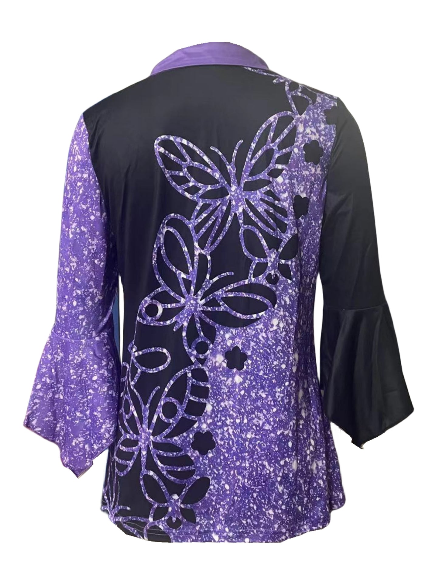 Spring And Autumn New Women Printed Lapel Three-quarter Sleeve T-shirt Irregular Sleeve Button-up Top