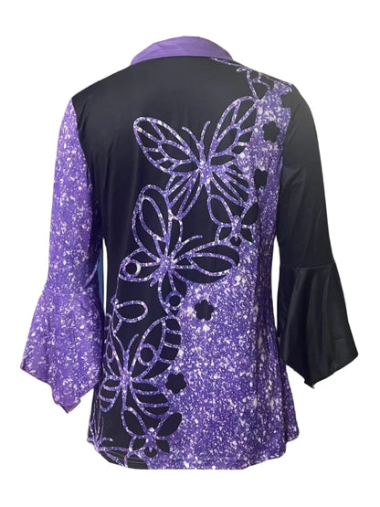 Spring And Autumn New Women Printed Lapel Three-quarter Sleeve T-shirt Irregular Sleeve Button-up Top