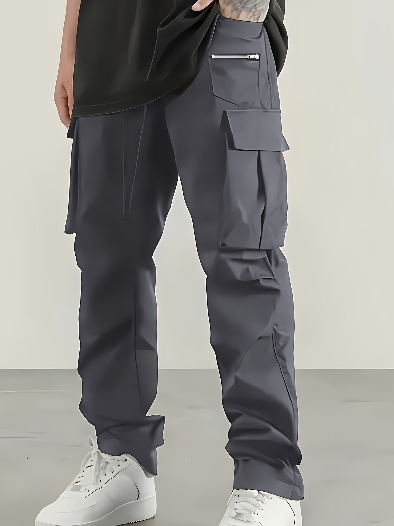 2pcs Men'S Fashion Cargo Pants, Casual Hiking Trousers, Breathable Comfortable Loose Straight Trousers with Multiple Pockets for Spring, Summer, Fall, Winter - Polyester
