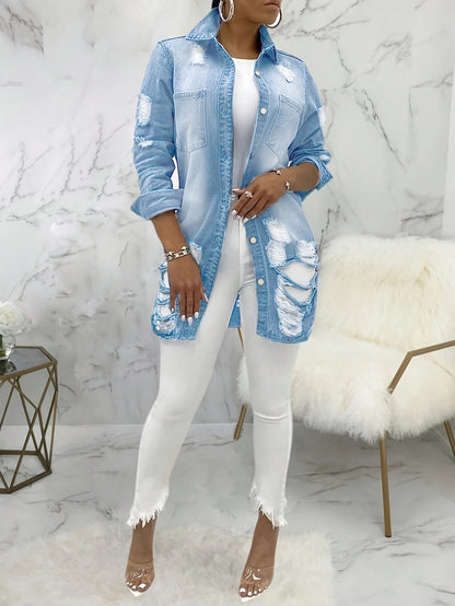 Women'S Denim Jacket, Distressed Ripped Button-Up Sexy Style, Casual Long Sleeve Jean Outerwear