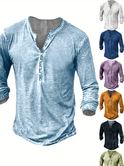 Men'S Distressed Henley Shirts with Front Placket, Retro Long Sleeve T-Shirts, Casual Button- Washed T-Shirts for Men