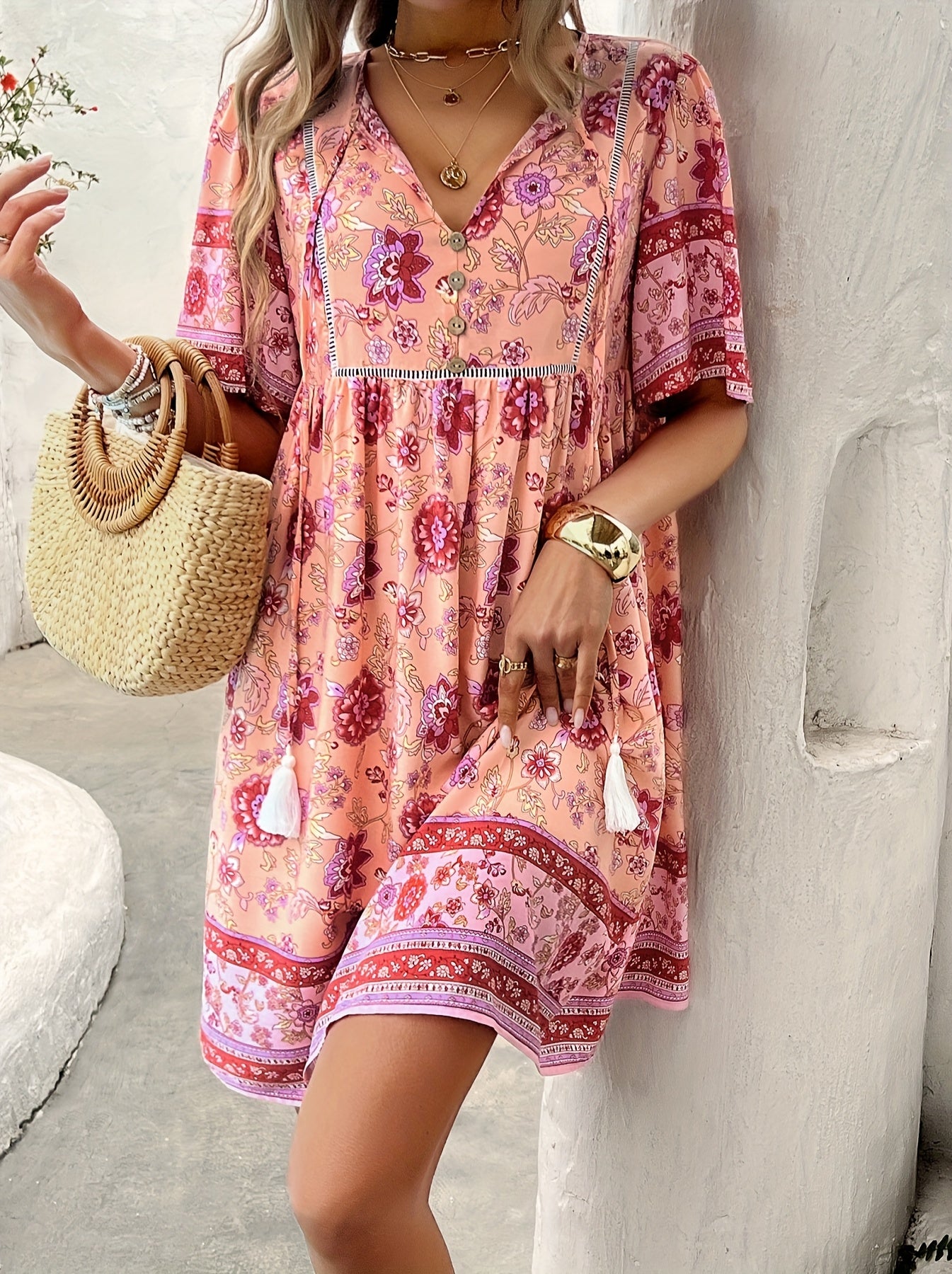 ZAFUL Summer Women's Dress, Women's Fashion New Elegant Romantic Bohemian Style Long Dress, Women's Fashion Deep V-neck Princess Sleeve Design, Fluffy High Waist Tassel Dress, Fashion Holiday Dress