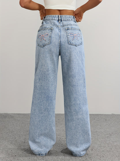 [High-Waist Straight-Leg Jeans] Women's High-Waist Straight-Leg Jeans in Light Wash Denim with Embroidered Bow Detail - Y2K Style, Fashionable and Versatile, Non-Stretch Fabric
