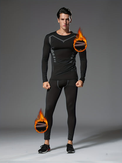 6pcs Men's Printed -Lined Sports Underwear Set: Warm Training Gear for Fall And Winter, Morning And Night Running Fitness Wear