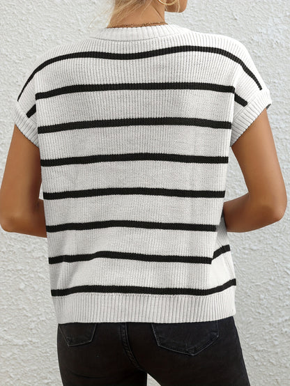 Women's Elegant Pullover Sweater - Black & White Horizontal Stripe Top, All-Season Loose Fit Shirt for Casual, Formal, Party Outfits - Easy-Care Everyday Chic Women's Clothing, Casual Wear, Classic Stripes, Quality Stitching, Stylish Blouse, Casual Dresse
