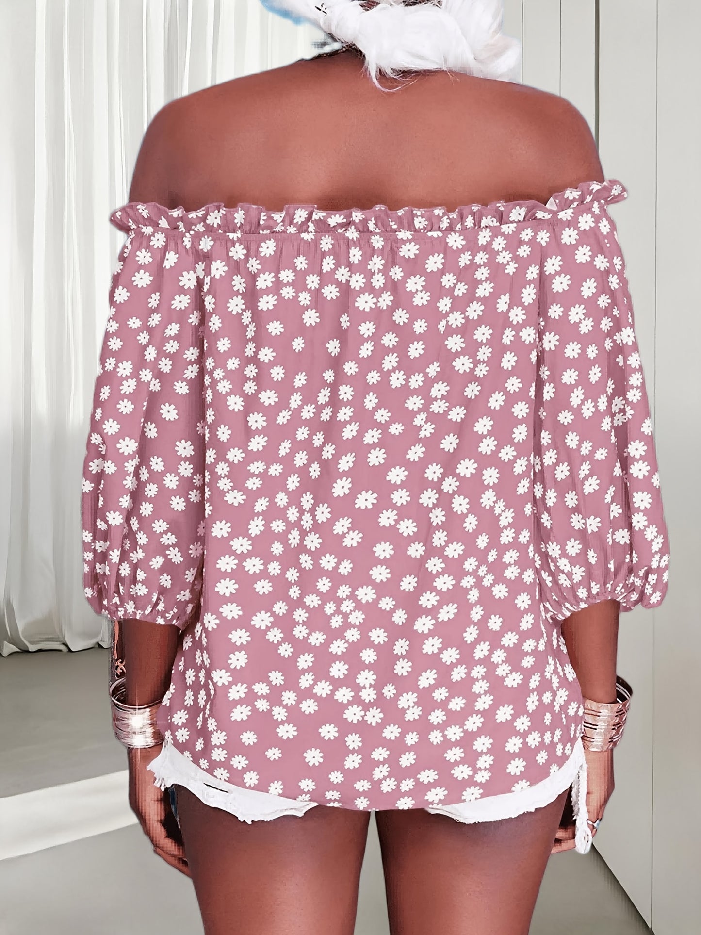 Womens Summer Off Shoulder Blouse Floral Print 3/4 Sleeve Casual Chiffon Tops Shirts