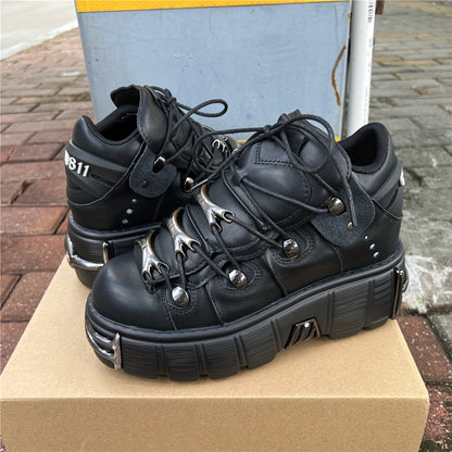 Retro Punk Style Unisex Black Thick Bottom Metal Decoration Lace-up Casual Shoes, Women Shoes, Sneakers