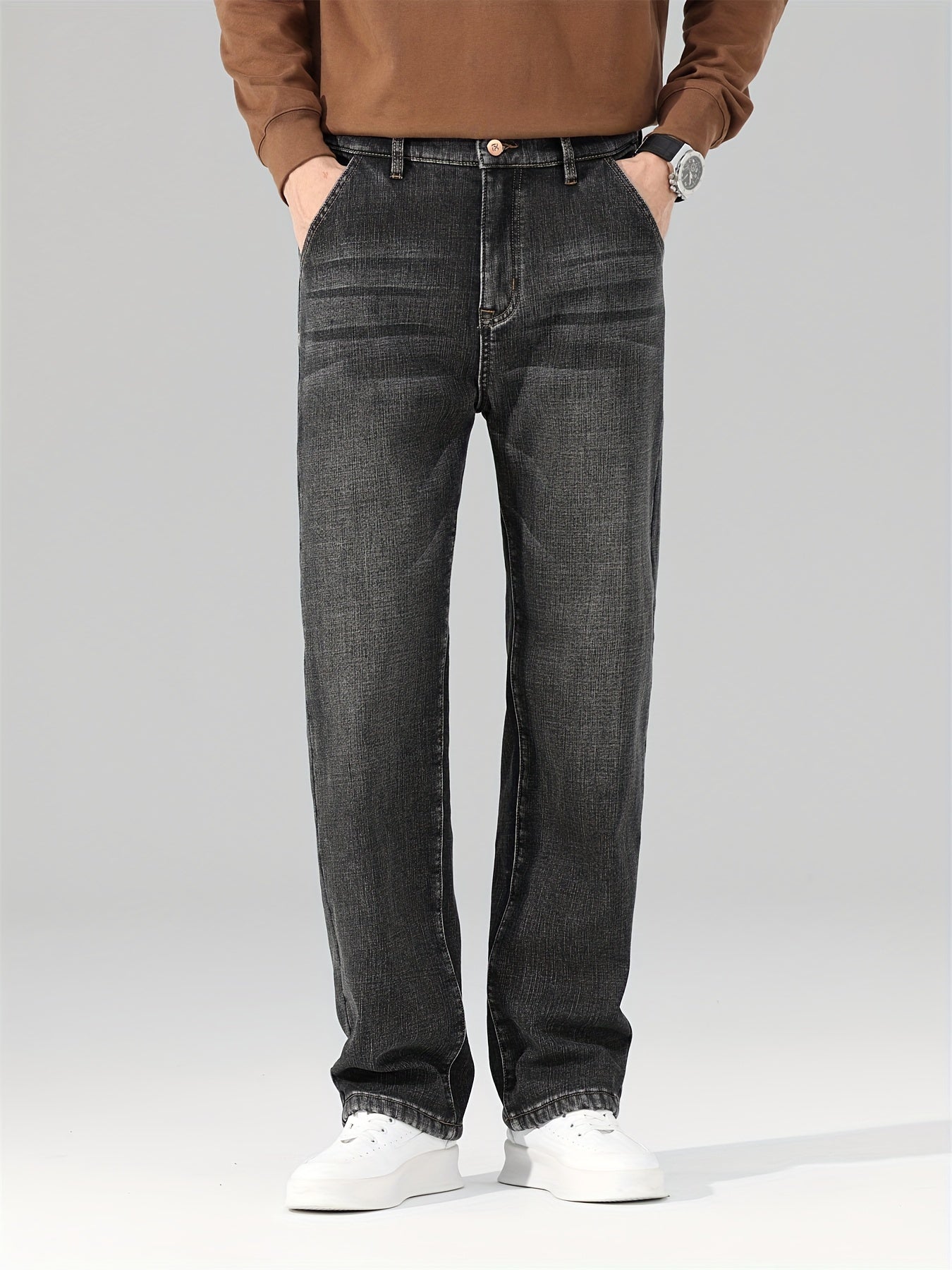 Men's Warm Fleece Stretch Jeans, Loose Casual Fleece Jeans, Straight Mid-waist Fashionable Versatile Jeans, Suitable For Daily, Business, Outdoor