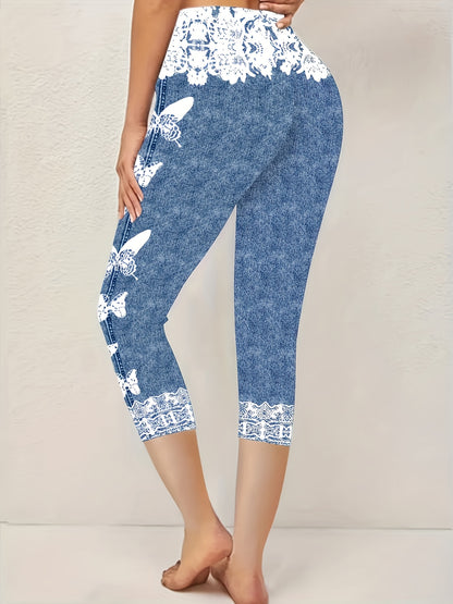 Women's Beach-style European/American Fashionable Printed Stretch Base Seven-inch Pants