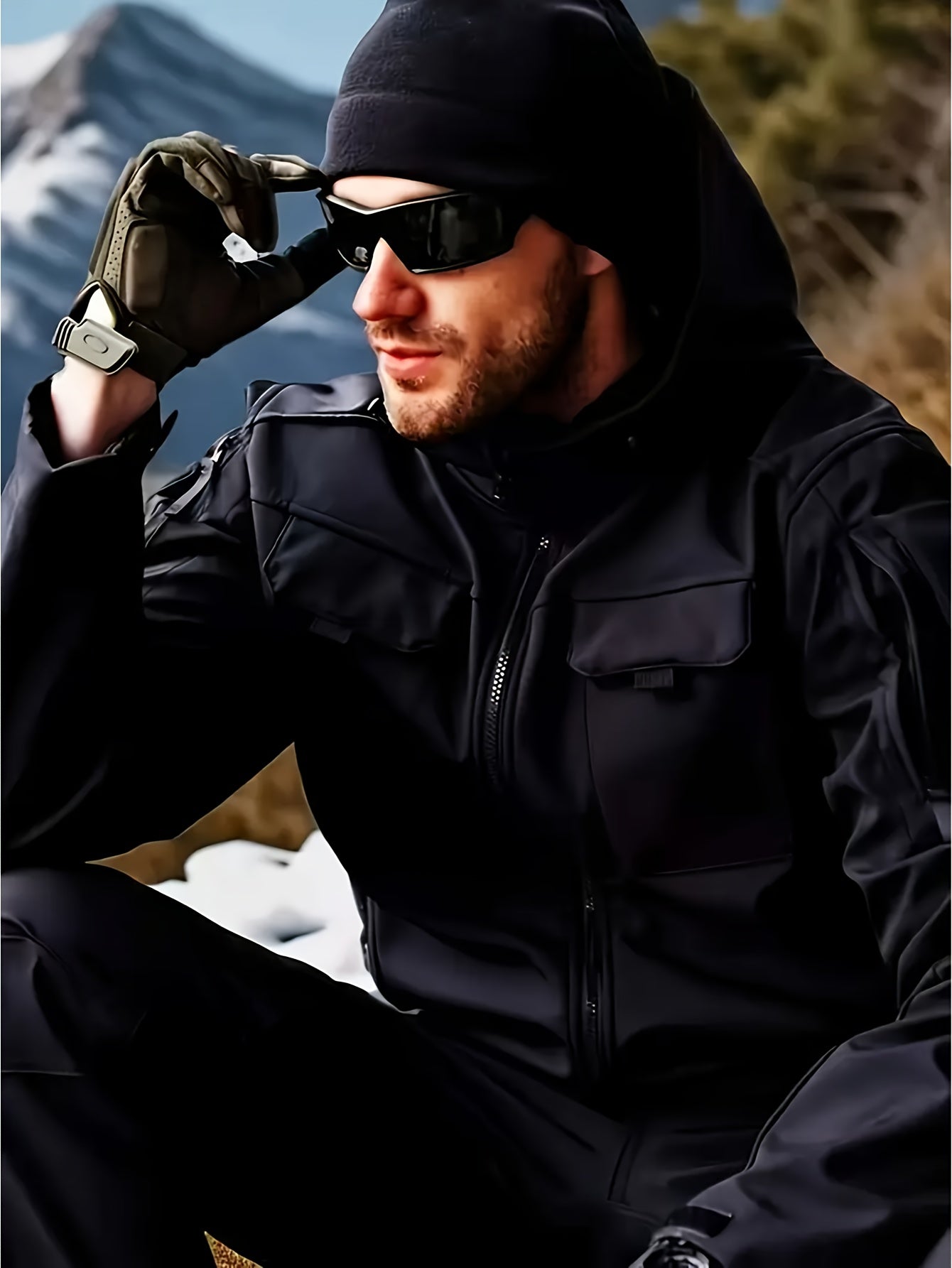 Men's Fleece-Lined Softshell Tactical Winter Jacket with Zip-Up Hooded Coat, Multiple Pockets & Lining - Outdoor Skiing, Hiking, Camping Workwear - Machine Washable Warm Fall/Winter Gear for Cold Weather Activities (Polyester)