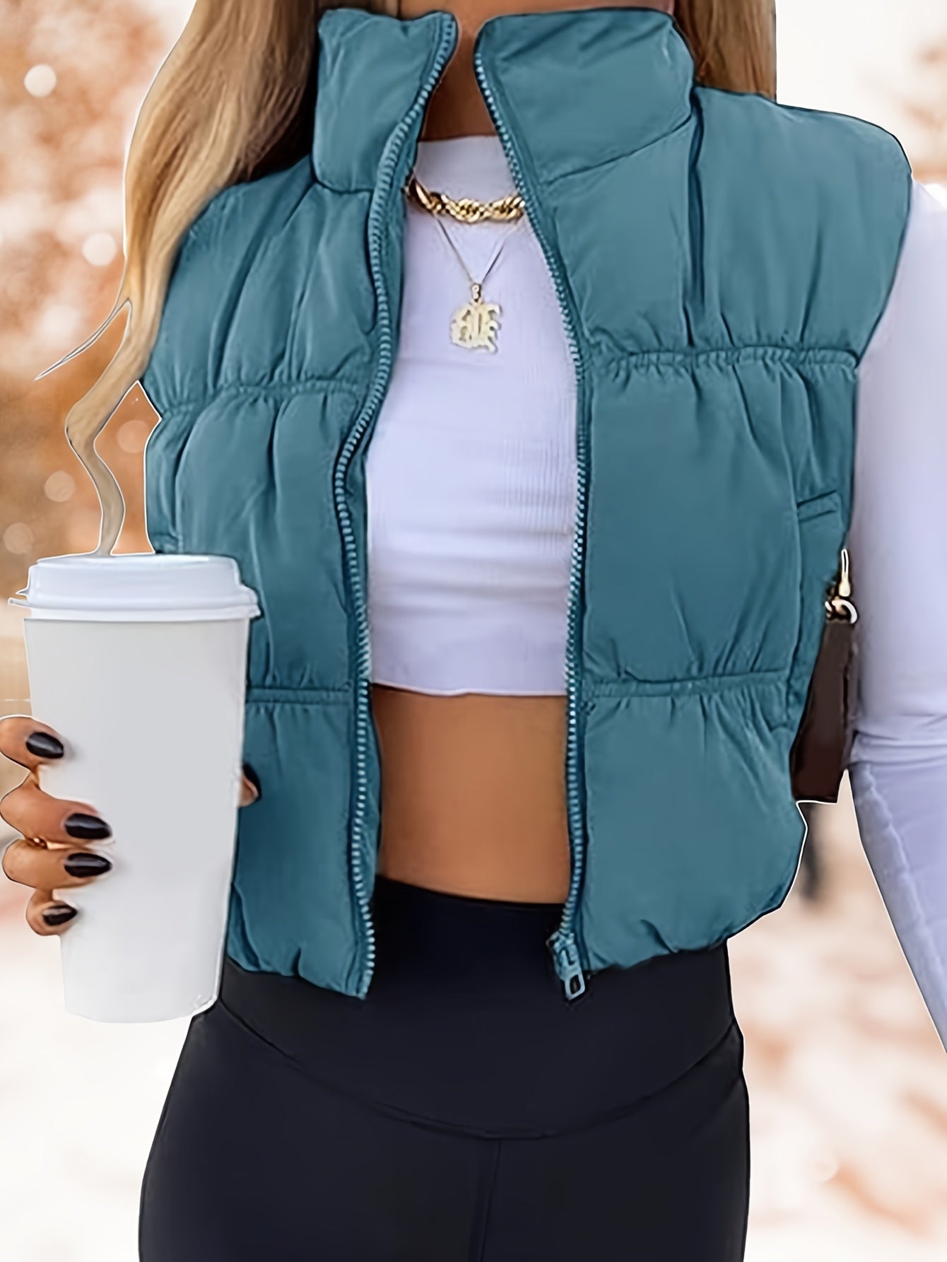 Womens Cropped Vest Zip Up Stand Collar Sleeveless Padded Cropped Vest