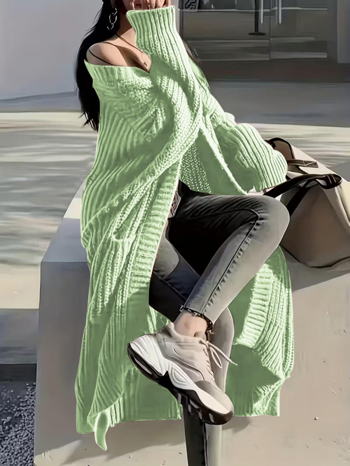 Plus Size, Solid Color Plus-Size Women's Long Pocket Cardigan Loose Over-the-Knee Sweater Coat Fashion Versatile Outerwear